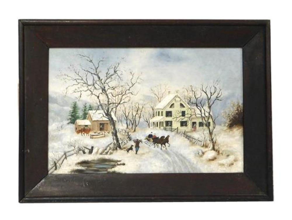 Appraisal: Primitave oil on panel winter scene after Currier Ives American