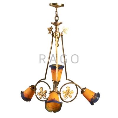 Appraisal: DEGUE Chandelier with four polychrome art glass shades brass frame