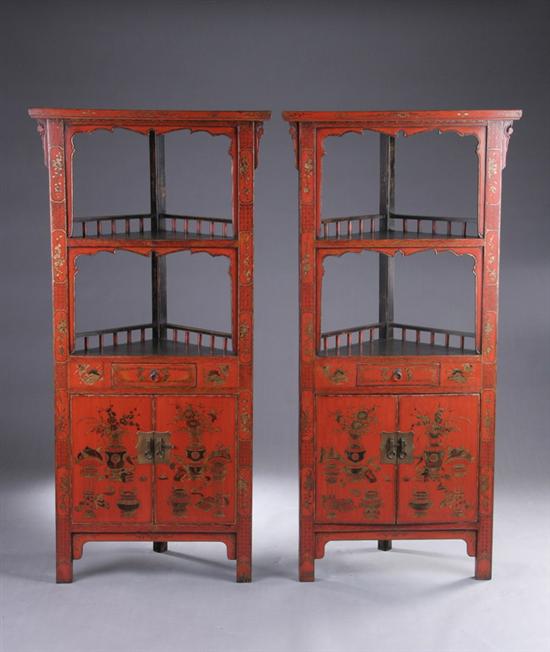 Appraisal: PAIR CHINESE RED LACQUER ELMWOOD CORNER CABINET Shanxi province th