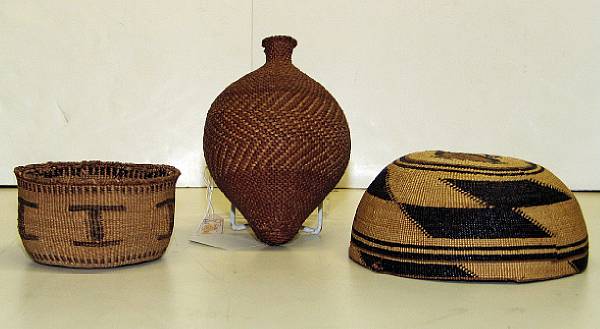 Appraisal: Three California basketry items A Northwest hat Paiute canteen and