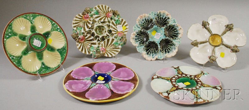 Appraisal: Six Majolica Oyster Plates including two Wedgwood and two Longchamps