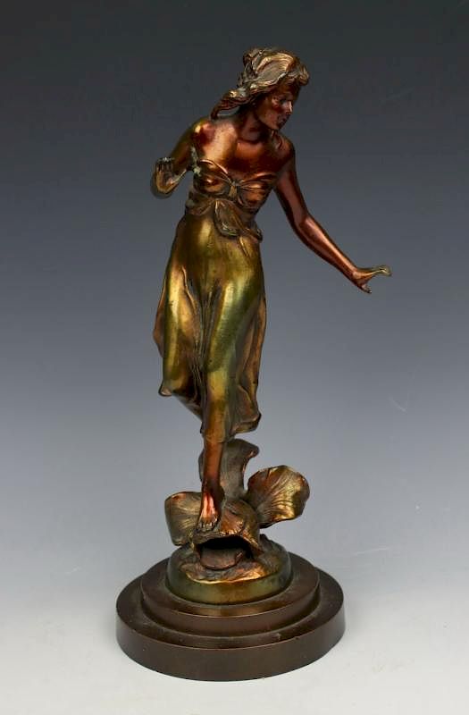 Appraisal: Antique French art nouveau bronzed metal figurine Woman on Flower