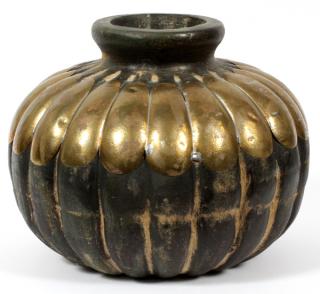 Appraisal: MELON SHAPE POTTERY VASE W BRASS PLEATS MELON SHAPE POTTERY