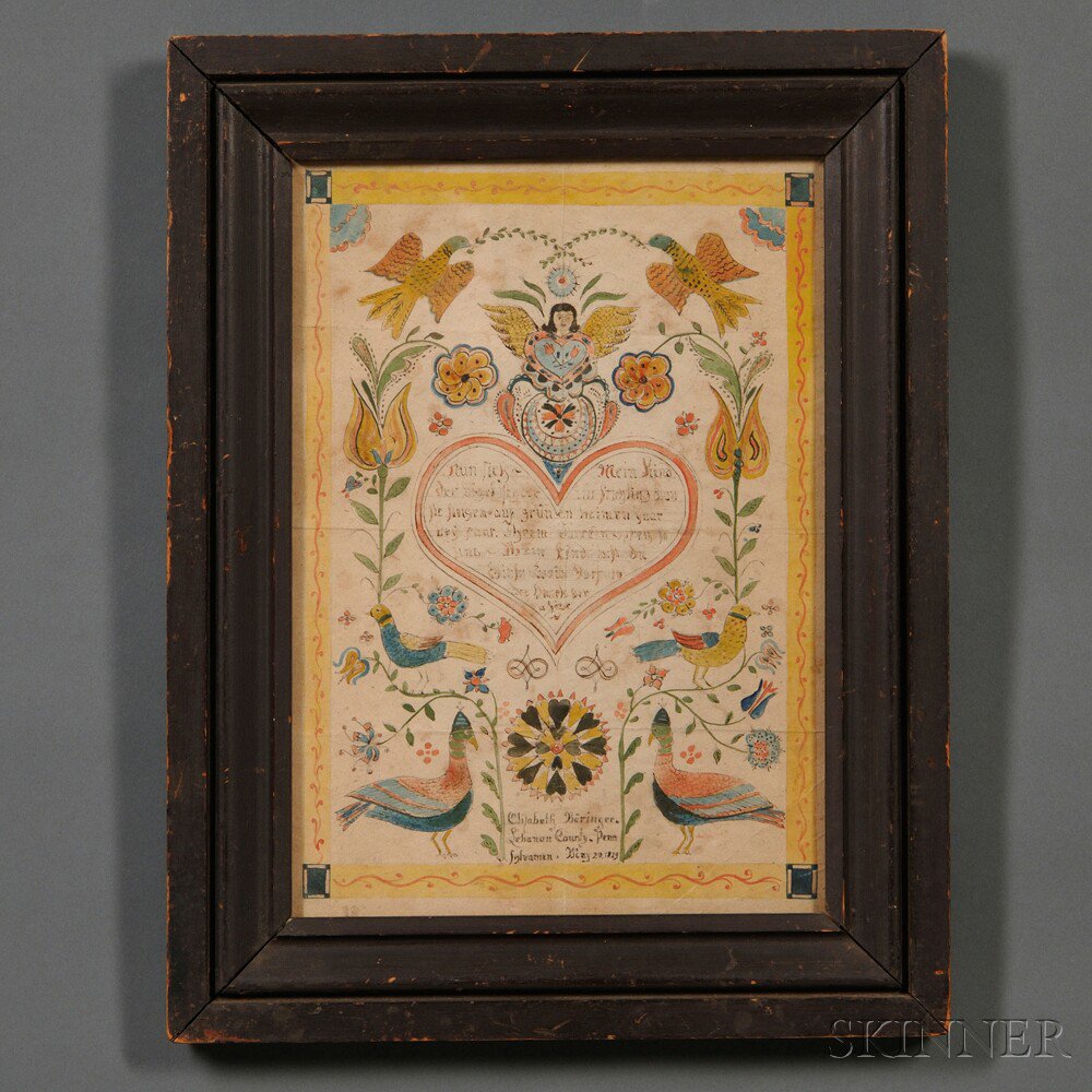 Appraisal: Framed Painted Pennsylvania-German Fraktur ink and watercolor on paper ornamented