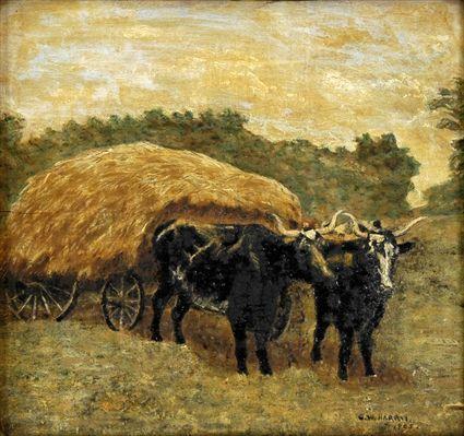 Appraisal: AMERICAN SCHOOL HAY CART Oil on wood panel x in