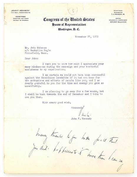 Appraisal: KENNEDY JOHN FITZGERALD Typed Letter Signed Jack p to Washington