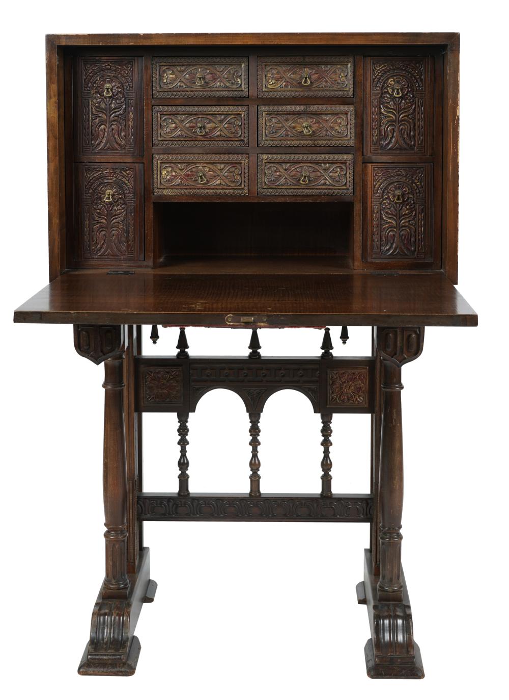 Appraisal: SPANISH-STYLE VARGUENO CABINET ON STANDthe drop-front door with metal mounts