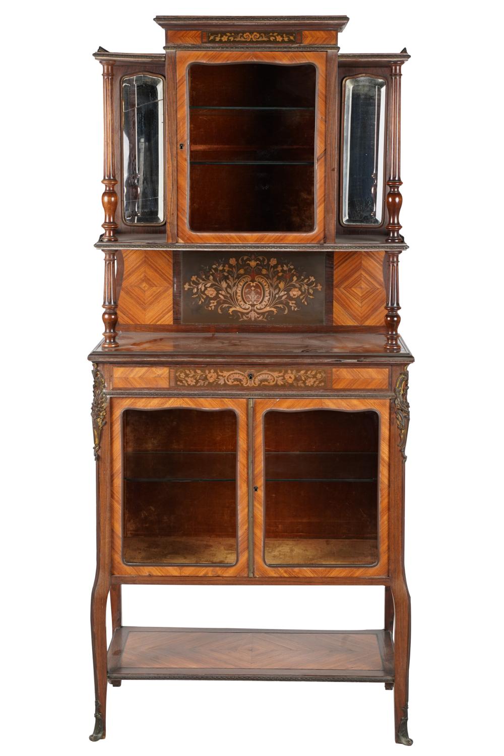 Appraisal: GILT METAL-MOUNTED MARQUETRY VITRINE CABINETeach glazed cupboard lined with velvet