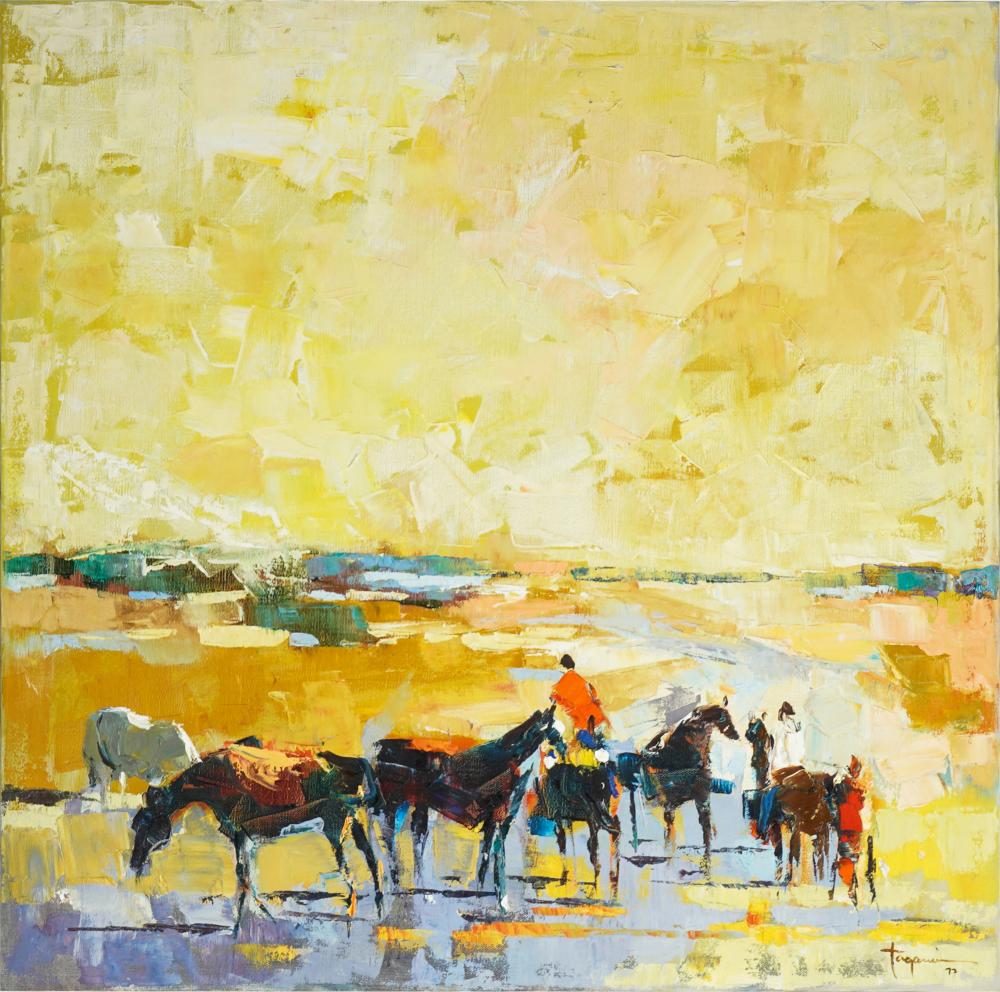 Appraisal: HIROSHI TAGAMI - THE RIDE oil on canvas mounted to