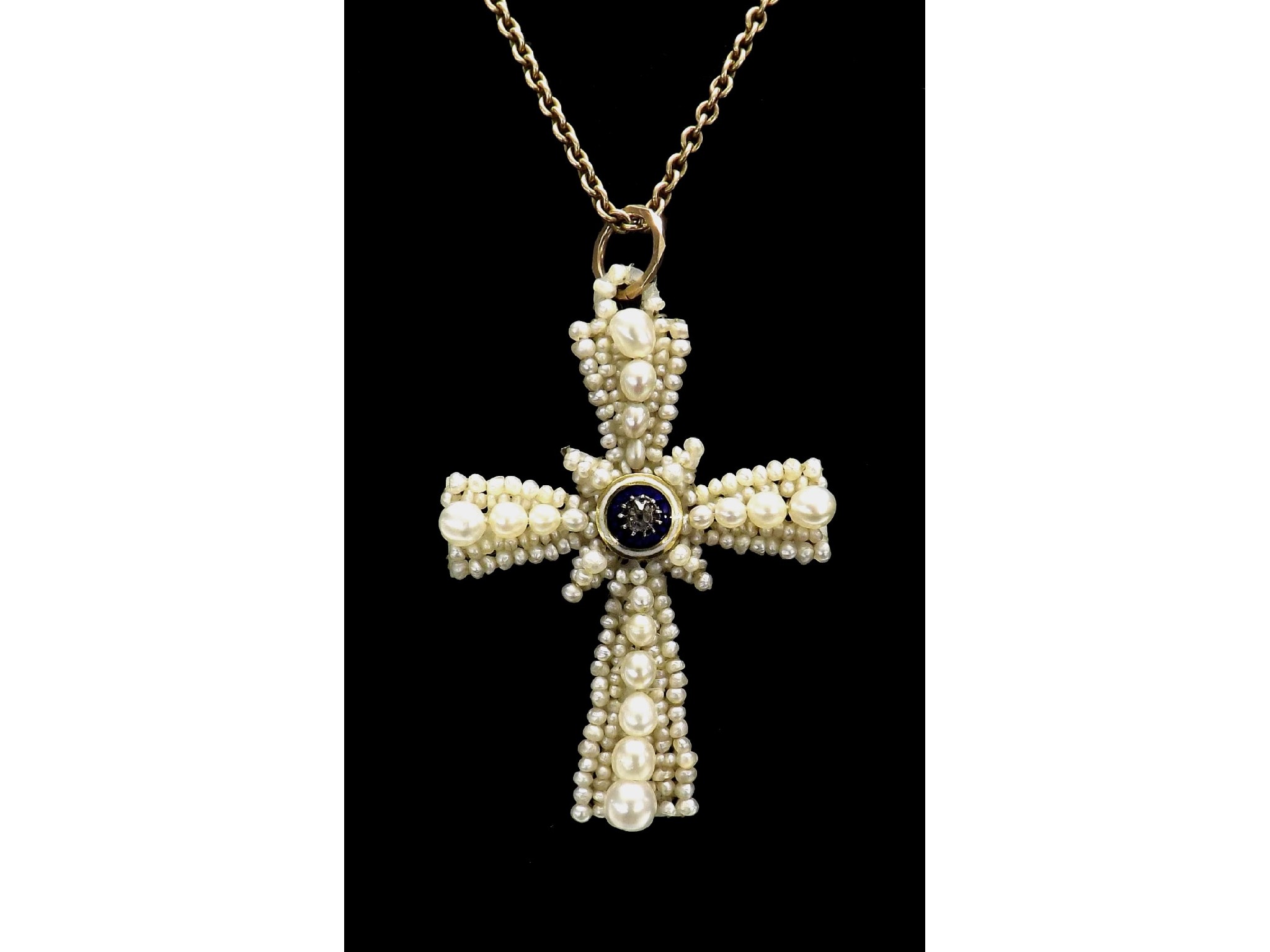 Appraisal: Victorian seed pearl enamel and diamond cross pendant on a