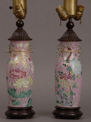 Appraisal: PAIR OF FAMILLE ROSE PORCELAIN BALUSTER-FORM VASES MOUNTED AS LAMPS