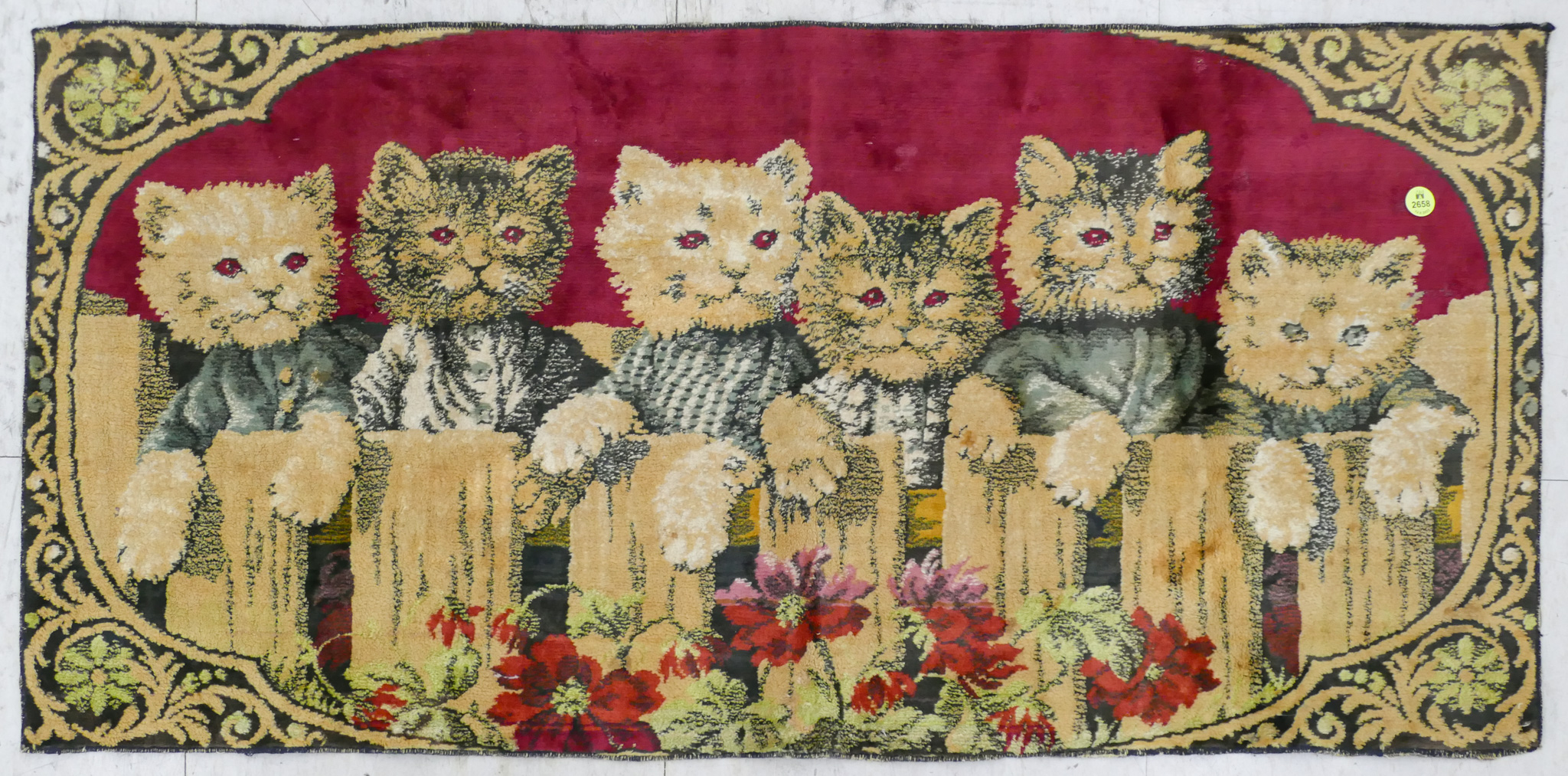 Appraisal: Vintage Cats on Fence Machine Made Mat- ' ''x '