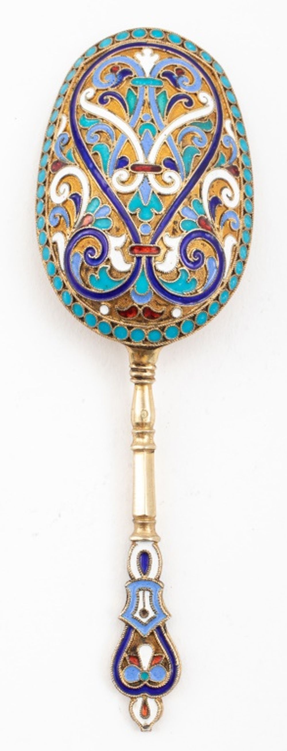 Appraisal: M ANDREYEVA RUSSIAN GILT ENAMEL SUGAR SHOVEL Russian silver gilt