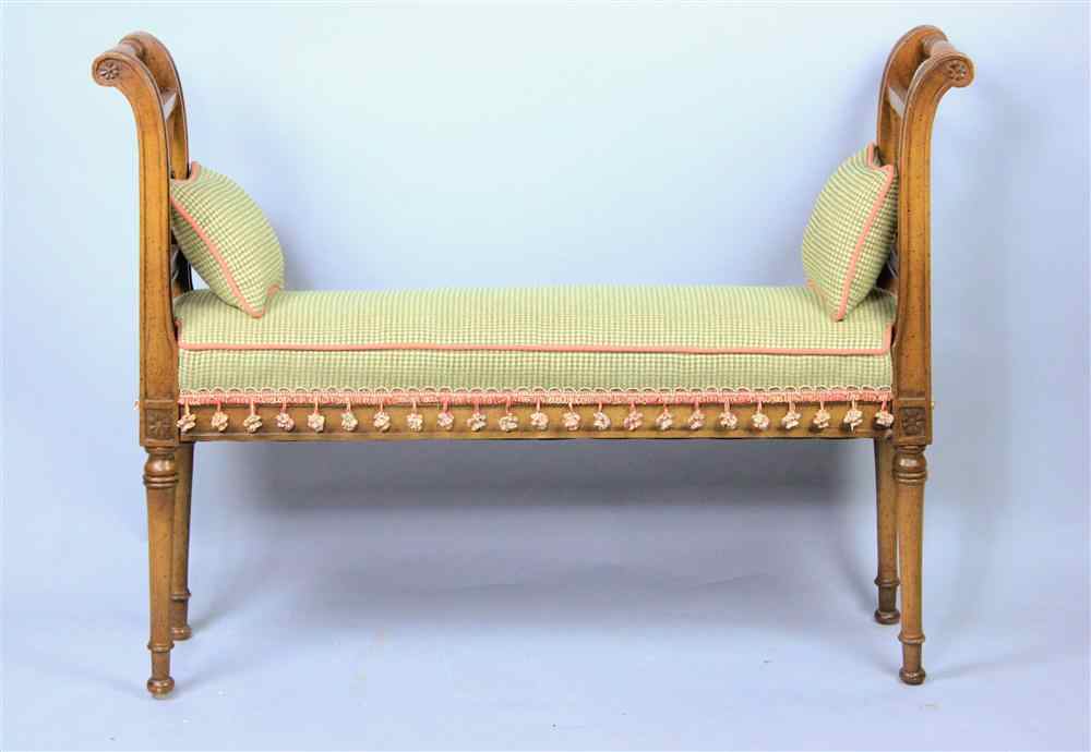 Appraisal: DECORATIVE NARROW WALNUT UPHOLSTERED BENCH outward curved turned arms with