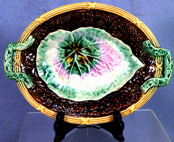 Appraisal: Majolica leaf platter double handle excellent condition long Ex Thomas-Seifert