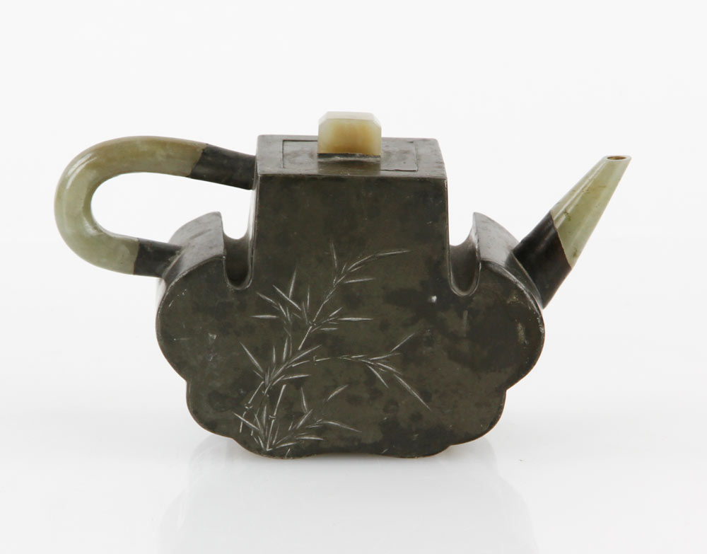 Appraisal: - Chinese Jade and Pewter Teapot Teapot jade and pewter