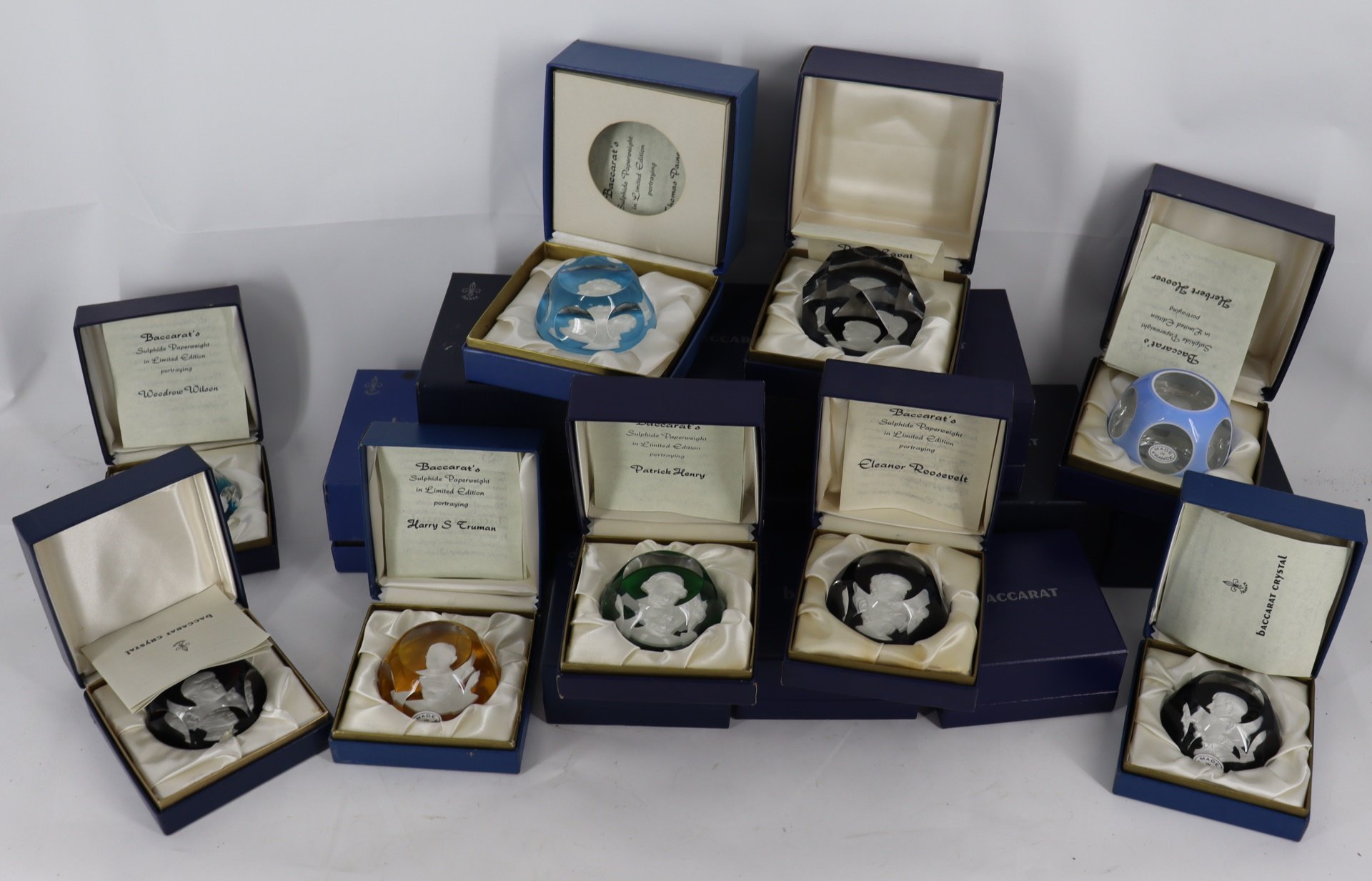 Appraisal: Baccarat Boxed Paperweights To include Hoover Bonaparte Woodrow Wilson James