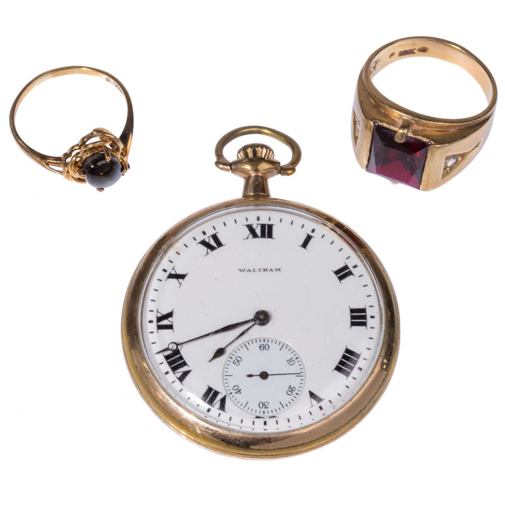 Appraisal: K YELLOW GOLD RINGS AND GOLD FILLED POCKET WATCH items