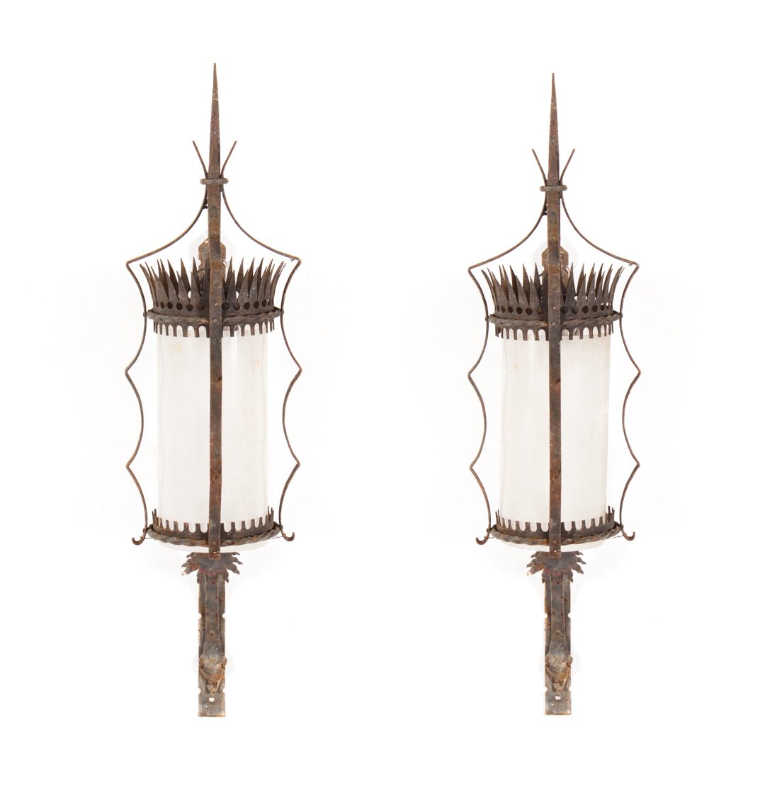 Appraisal: Pair of Gothic style wrought iron light fixtures early th