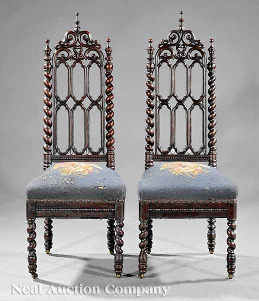 Appraisal: A Pair of American Gothic Carved Walnut Hall Chairs early