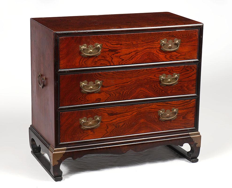 Appraisal: ROSEWOOD ORIENTAL CAMPAIGN CHEST drawer rosewood case brass side handles