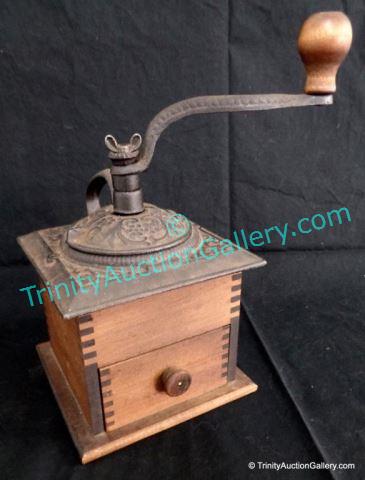 Appraisal: Wood and Iron Coffee Grinder Dovetail Finished Wooden coffee grinder