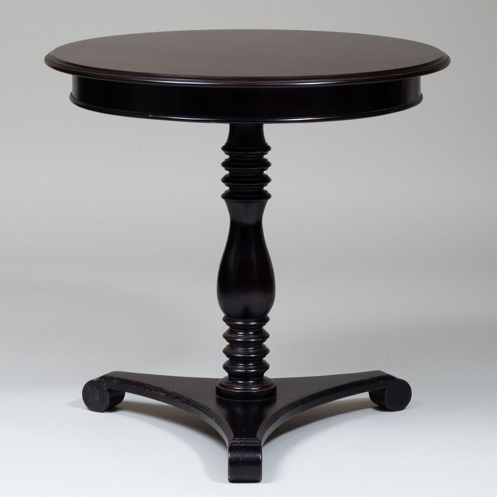 Appraisal: Modern Ebonized Circular Table with Pale Pink Table Cover x