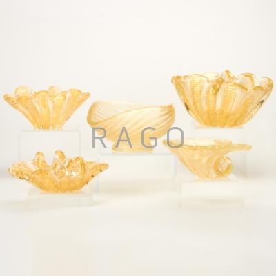 Appraisal: MURANO GLASS Five glass vessels with cased gold foil Three