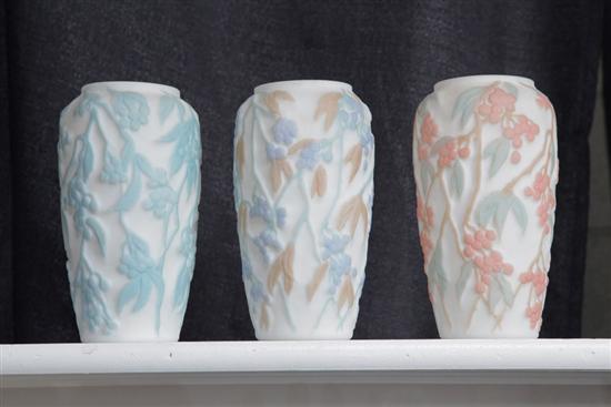 Appraisal: THREE PHOENIX OR CONSOLIDATED ART GLASS BITTERSWEET BERRY VASES Relief