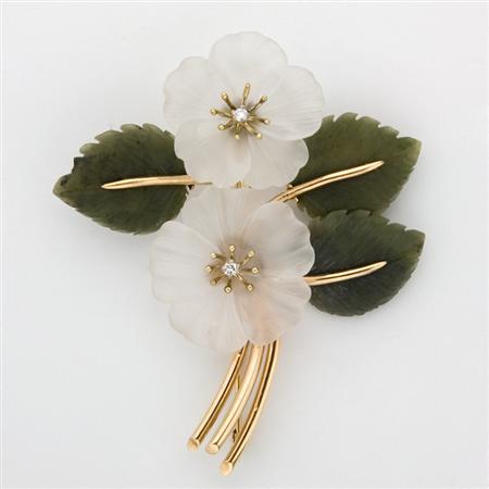 Appraisal: Gold Carved Frosted Rock Crystal Nephrite and Diamond Flower Brooch