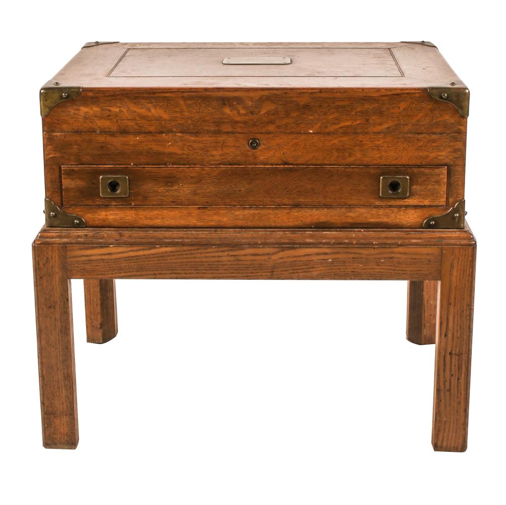 Appraisal: BRASS-MOUNTED OAK BOX ON STANDwith hinged top and drawer Condition