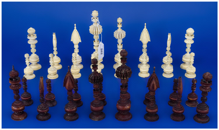 Appraisal: Carved Ivory Chess Set Half Natural Colour Half Stained Burgundy