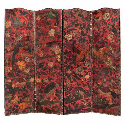 Appraisal: Chinoiserie Decorated Four-Panel Leather Mounted Painted Panel Paper Screen Depicting