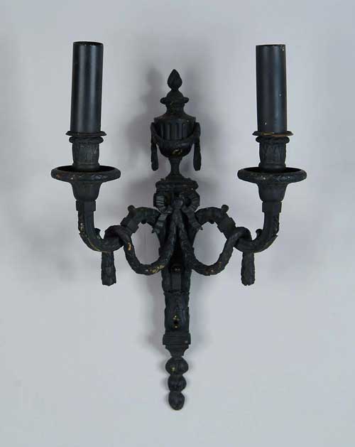 Appraisal: PAIR OF FRENCH-STYLE BLACK-PAINTED BRONZE WALL SCONCES The back plate