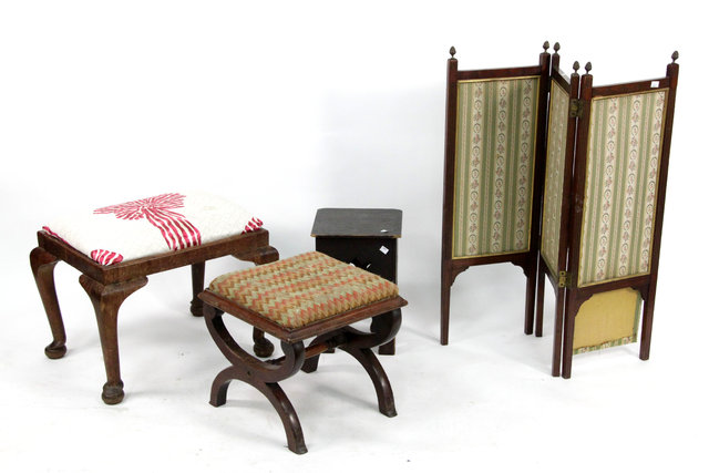 Appraisal: A mahogany stool with needlework seat a small three-fold screen