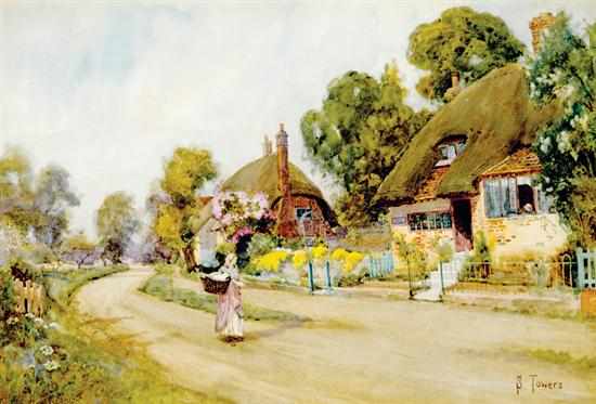 Appraisal: Samuel Towers British - THATCHED COTTAGES ALONG COUNTRY LANE watercolor