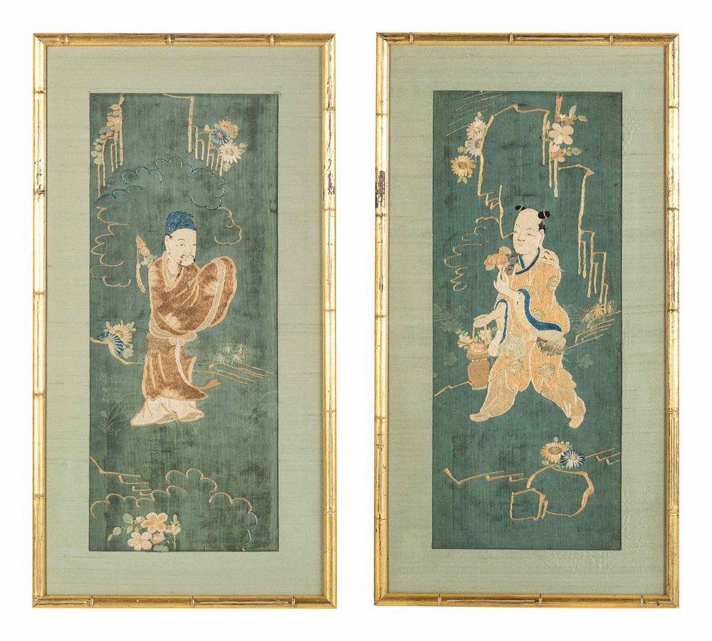 Appraisal: Two Chinese Embroidered and Woven Silk Panels Two Chinese Embroidered