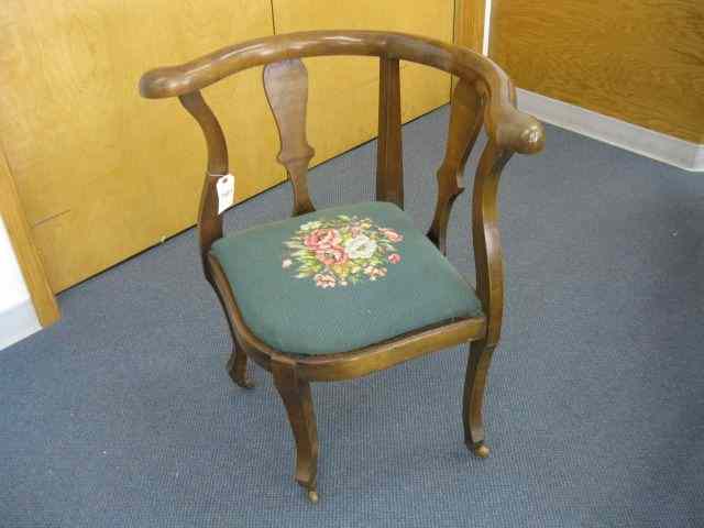 Appraisal: Antique Corner Chair floral on green needlepoint seat