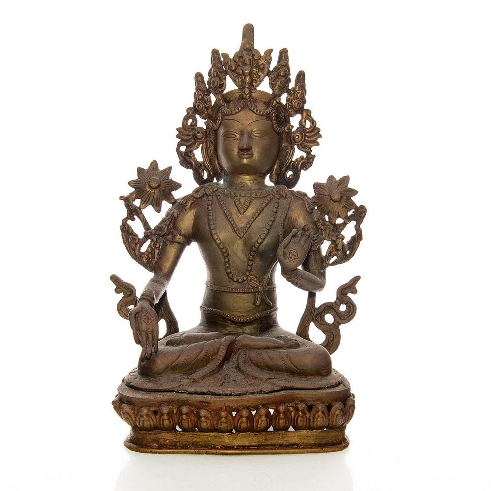 Appraisal: BRONZE SCULPTURE BUDDHA Seated Buddha with lotus flowers headdress Issued