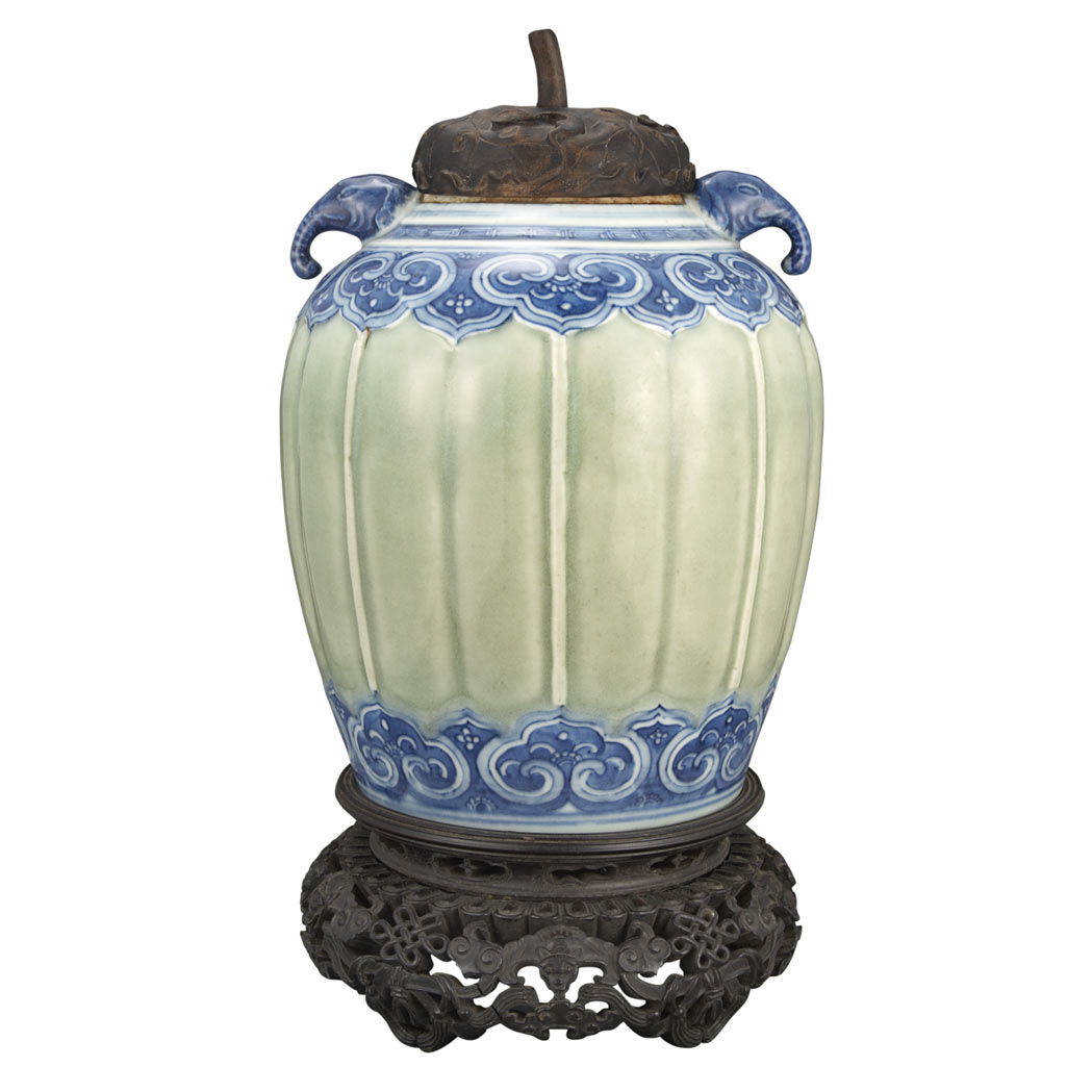 Appraisal: Chinese Blue White and Celadon Jar th th Century The