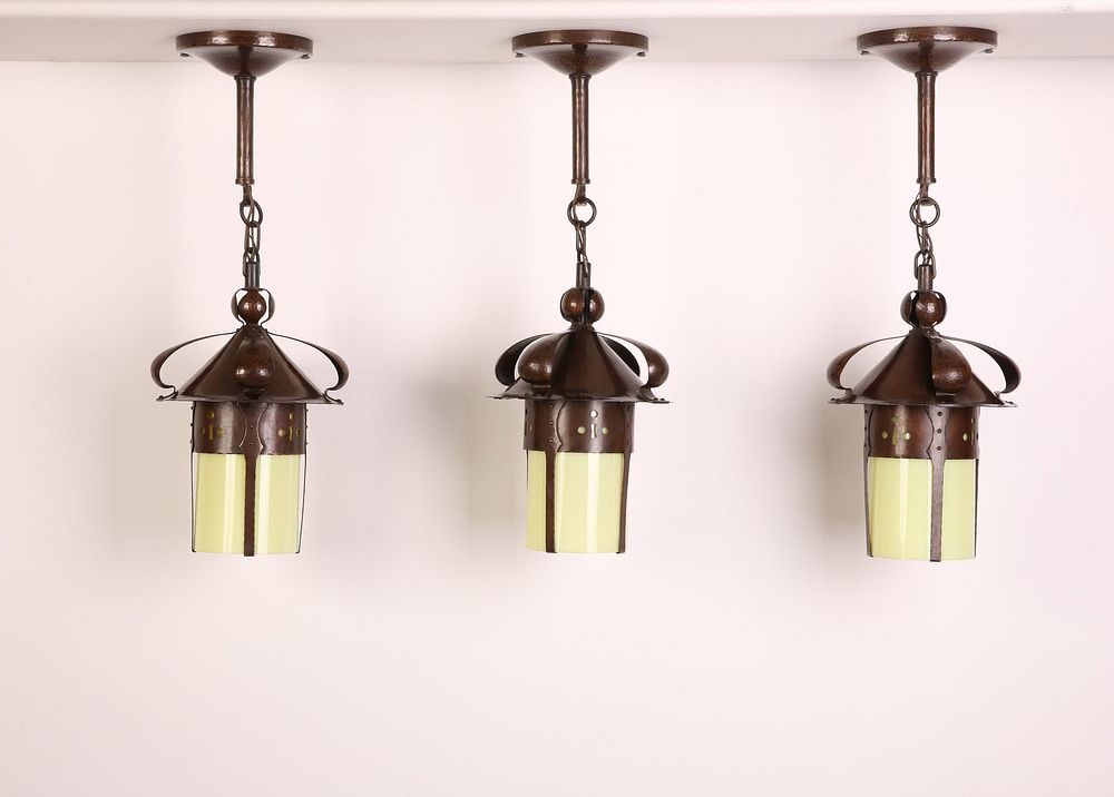 Appraisal: Michael Adams Three Copper Pendant Lanterns Michael Adams Three Copper