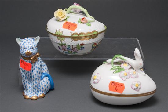 Appraisal: Two Herend porcelain trinket boxes and a cat figure egg-form