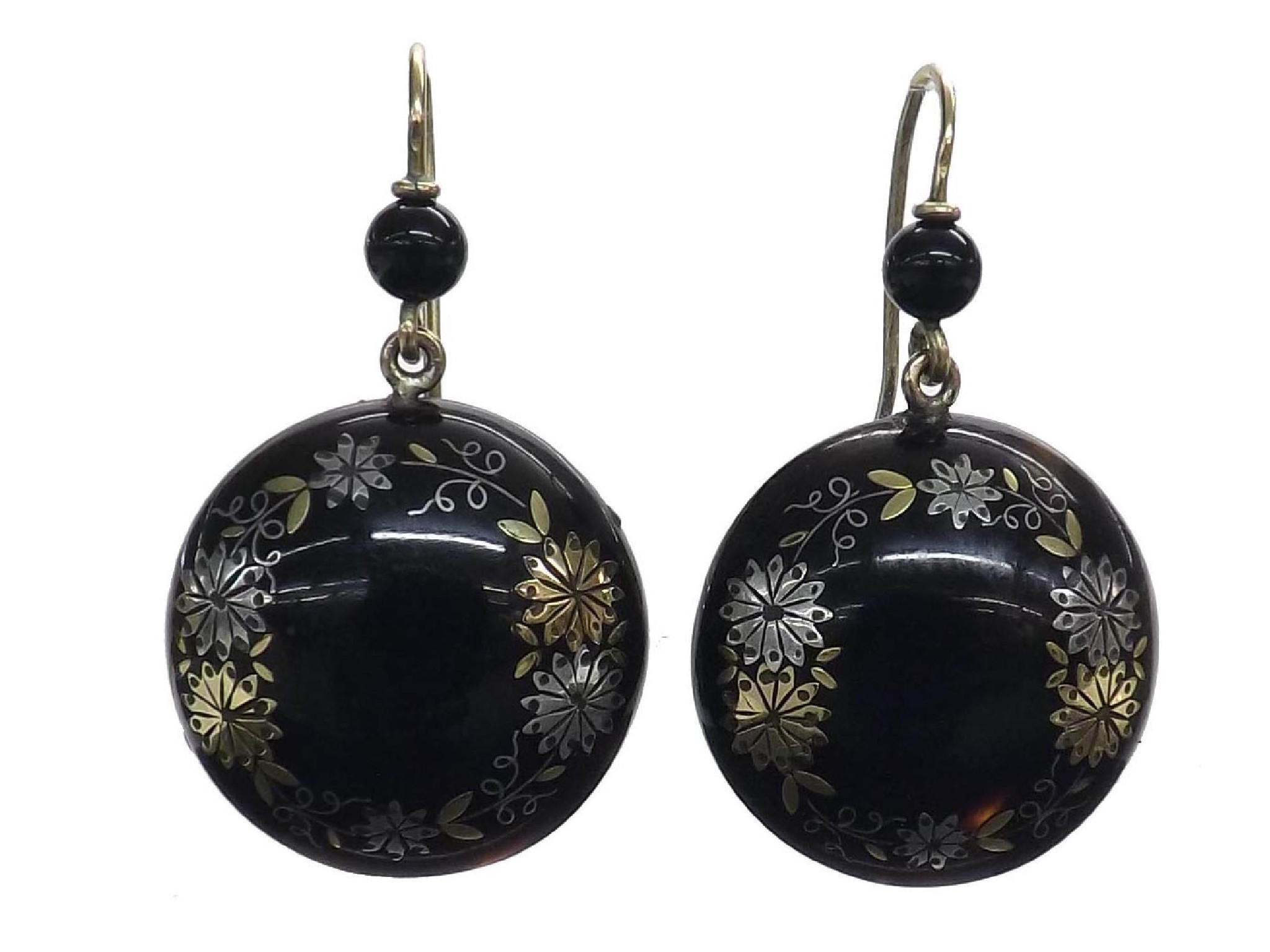 Appraisal: Pair of th century pique tortoiseshell circular dome drop earrings