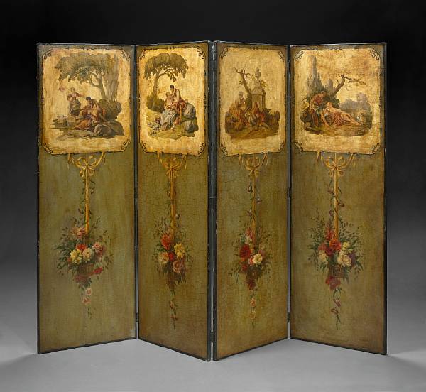 Appraisal: A Louis XVI style paint decorated four fold screen Each