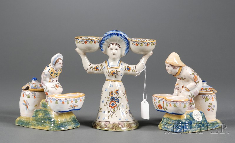 Appraisal: Three French Faience Figural Salt Cellars France th century each