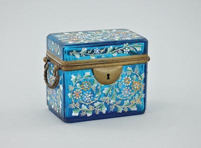 Appraisal: An Enameled Blue Glass Jewelry Casket Possibly Moser From Muriel