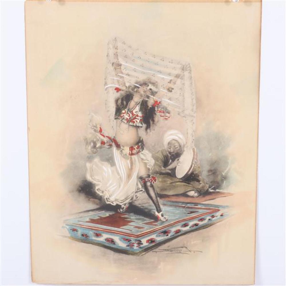 Appraisal: ORIENTALIST SCHOOL WATERCOLOR ON PAPER HAREM BELLY DANCER AND TAMBOURINE