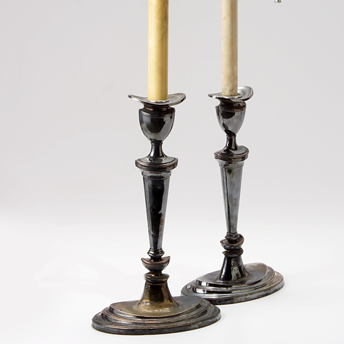 Appraisal: English silver plated candlesticks fitted as lamps small dents