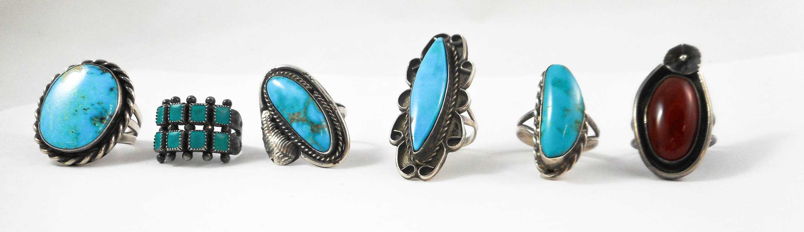 Appraisal: SIX SOUTHWEST NATIVE AMERICAN SILVER RINGS old pawn two rows