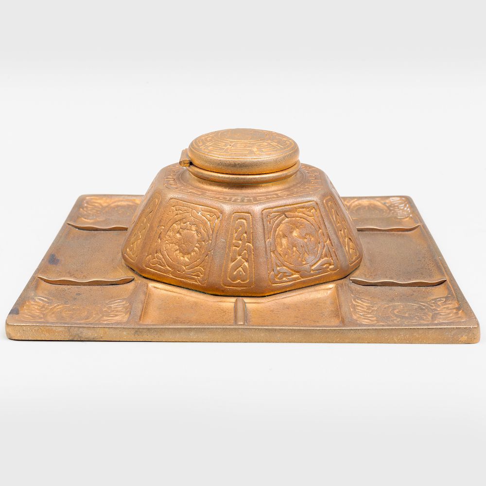 Appraisal: Tiffany Studios Gilt-Bronze 'Zodiac' Inkstand and Tray Stamped mark x